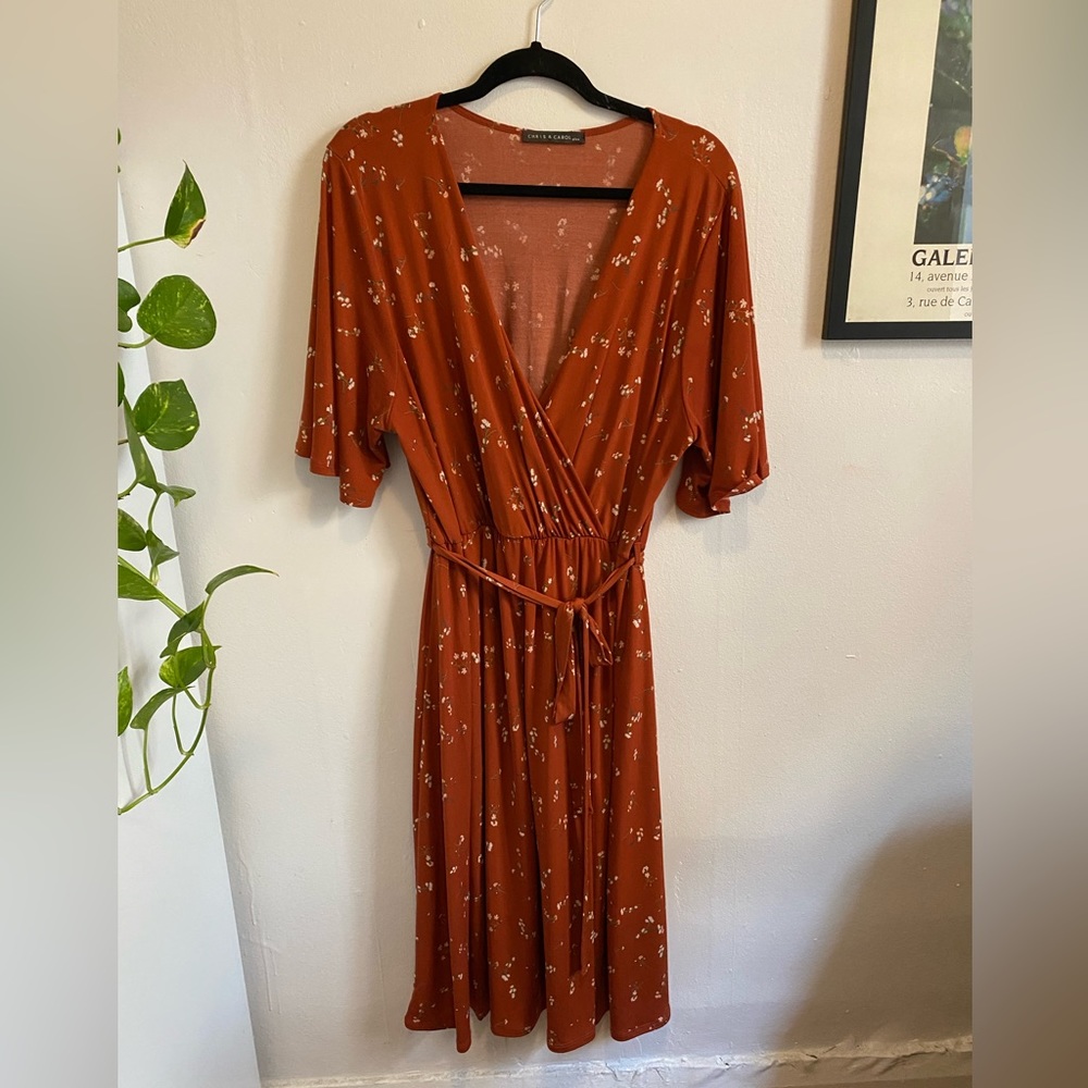 Plus Size - Rust-Red Floral Faux-Wrap Dress